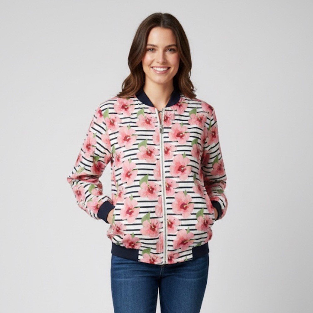 Molly Bracken Women's Pink Floral & Striped Lightweight Bomber Jacket